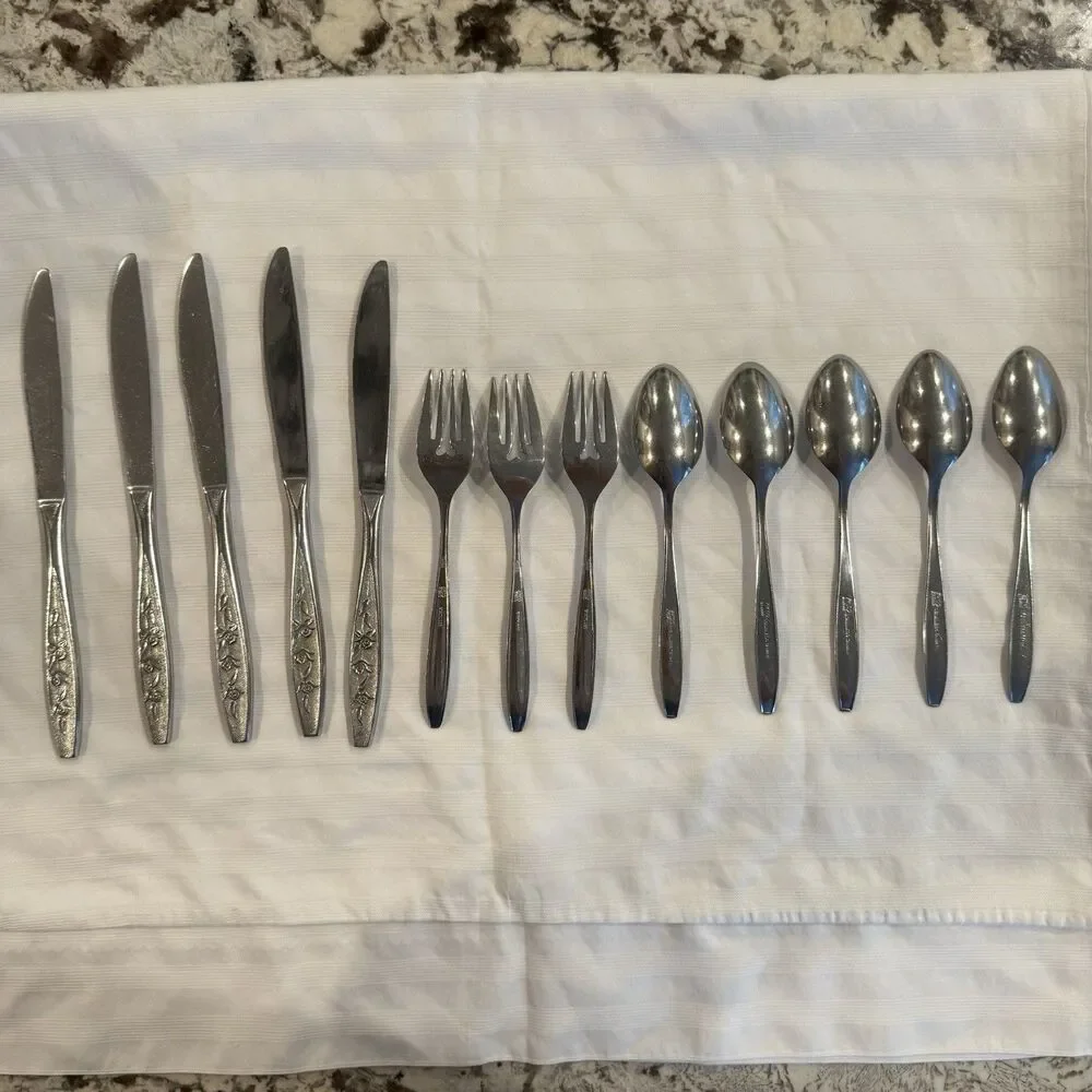 Ekco Eterna Rose Cotillion Stainless Flatware Knife Fork Spoon 13 Pc Vintage